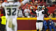 Nov 20, 2023; Kansas City, Missouri, USA; Philadelphia Eagles linebacker Haason Reddick (7) celebrates after defeating the Kansas City Chiefs at GEHA Field at Arrowhead Stadium.