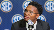 Jul 14, 2025; Atlanta, GA, USA; South Carolina Gamecocks quarterback LaNorris Sellers answers media questions during SEC Media Day at Omni Atlanta Hotel. Mandatory Credit: Jordan Godfree-Imagn Images