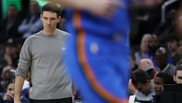 Jan 8, 2024; Washington, District of Columbia, USA; Oklahoma City Thunder head coach Mark Daigneault looks on from the bench against the Washington Wizards in the second quarter at Capital One Arena. Mandatory Credit: Geoff Burke-Imagn Images