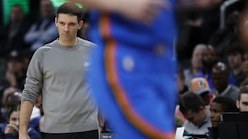 Jan 8, 2024; Washington, District of Columbia, USA; Oklahoma City Thunder head coach Mark Daigneault looks on from the bench against the Washington Wizards in the second quarter at Capital One Arena. Mandatory Credit: Geoff Burke-Imagn Images