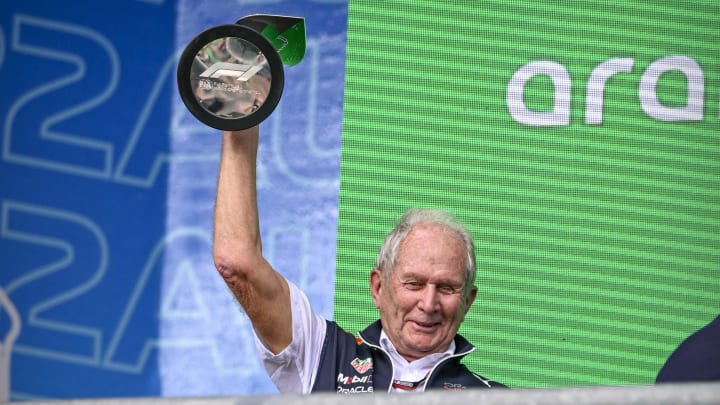 Oct 23, 2022; Austin, Texas, USA; Helmut Marko of Red Bull Racing Team holds up the World Constructors' Champions trophy after the running of the U.S. Grand Prix F1 race at Circuit of the Americas. Mandatory Credit: Jerome Miron-USA TODAY Sports