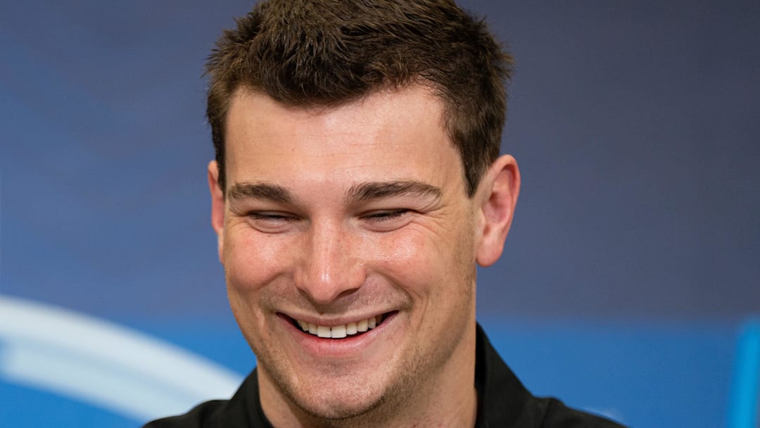 Feb 27, 2026; Indianapolis, IN, USA; Indiana quarterback Fernando Mendoza (QB11) speaks to members of the media during the NFL Combine at the Indiana Convention Center. Mandatory Credit: Jacob Musselman-Imagn Images