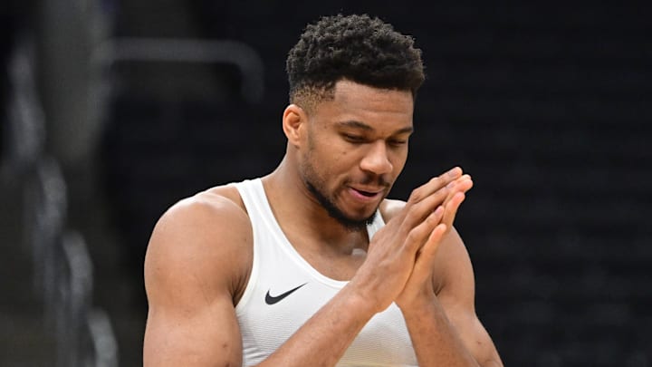 Mar 31, 2026; Milwaukee, Wisconsin, USA; Milwaukee Bucks forward Giannis Antetokounmpo (34) warms up before a game against the Dallas Mavericks at Fiserv Forum. Mandatory Credit: Benny Sieu-Imagn Images