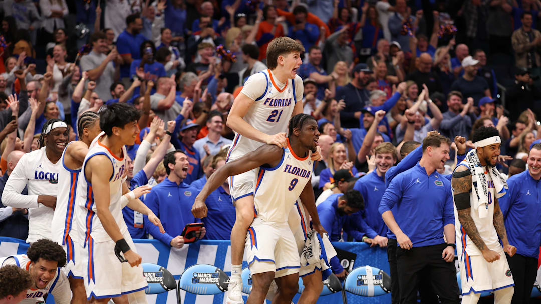 Mar 20, 2026; Tampa, FL, USA; Florida Gators bench reacts in the second half against the Prairie View A&M Panthers during a first round game of the men's 2026 NCAA Tournament at Benchmark International Arena. Mandatory Credit: Matt Pendleton-Imagn Images Mar 20, 2026; Tampa, FL, USA; Florida Gators bench reacts in the second half against the Prairie View A&M Panthers during a first round game of the men's 2026 NCAA Tournament at Benchmark International Arena. Mandatory Credit: Matt Pendleton-Imagn Images