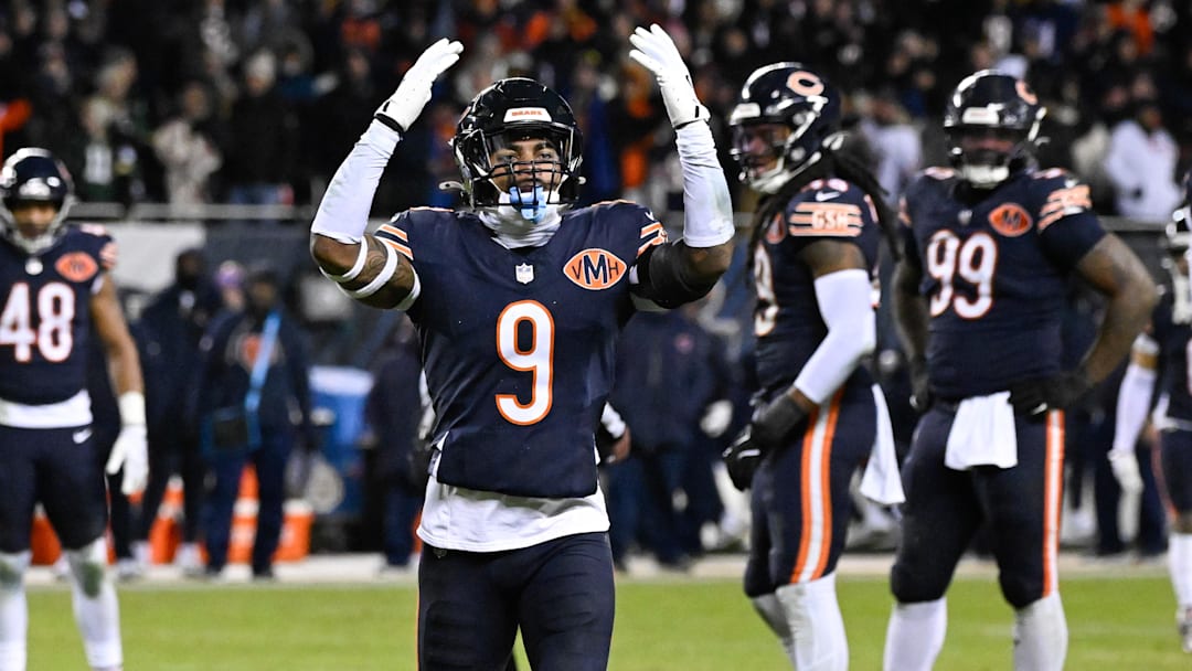 Bears safety Jaquan Brisker gets the crowd pumped up after a big play made during the playoffs.