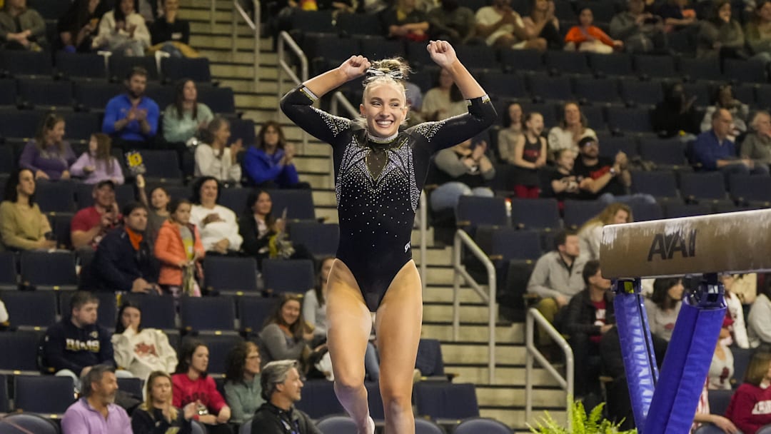 Mar 18, 2023; Duluth, GA, USA; Missouri Tigers gymnast Addison Lawrence reacts after competing on the balance beam during the SEC Gymnastics Championship at Gas South Arena. Mandatory Credit: Dale Zanine-Imagn Images