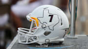 Sep 30, 2017; Laramie, WY, USA; A general view of the Texas State Bobcats helmet during the second quarter against the Wyoming Cowboys at War Memorial Stadium. Mandatory Credit: Troy Babbitt-Imagn Images

