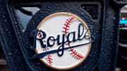 Oct 13, 2014; Kansas City, MO, USA; Rain collects on a Royals decal logo on a seat in the stands before game three of the 2014 ALCS playoff baseball game between the Baltimore Orioles and Kansas City Royals at Kauffman Stadium. Mandatory Credit: Jerry Lai-Imagn Images