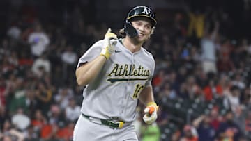Jul 25, 2025; Houston, Texas, USA;  Athletics designated hitter Nick Kurtz (16) celebrates after hitting his fourth home run of the game during the ninth inning against the Houston Astros at Daikin Park. Mandatory Credit: Troy Taormina-Imagn Images
