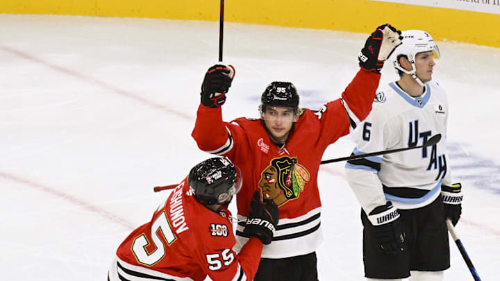 Oct 13, 2025; Chicago, Illinois, USA;  Chicago Blackhawks right wing Ilya Mikheyev (95) celebrates with Chicago Blackhawks defenseman Artyom Levshunov (55) after he scores a goal against Utah Mammoth goaltender Vitek Vanecek (41) during the second period at United Center. Mandatory Credit: Matt Marton-Imagn Images