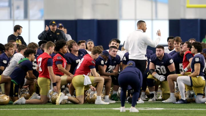 Notre Dame Head Coach Marcus Freeman talks to the team at Notre Dame spring football practice Thursday, March 7, 2024, at the Irish Athletics Center in South Bend.