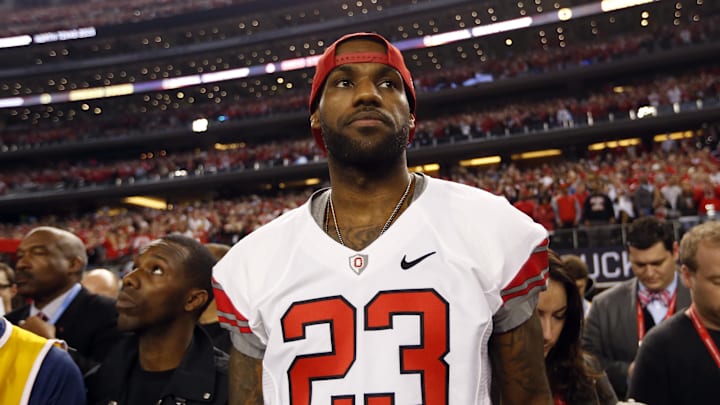 LeBron James in attendance in the 2015 CFP National Championship Game between the Oregon Ducks and the Ohio State Buckeyes. LeBron James in attendance in the 2015 CFP National Championship Game between the Oregon Ducks and the Ohio State Buckeyes.