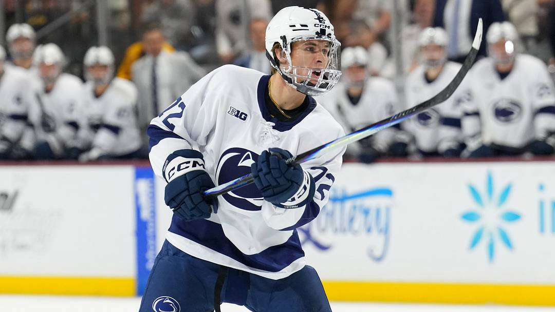 Oct 3, 2025; Tempe, AZ, USA; Penn State Gavin McKenna (72) in action against the Arizona State during the third period at Mullett Arena. Mandatory Credit: Joe Camporeale-Imagn Images