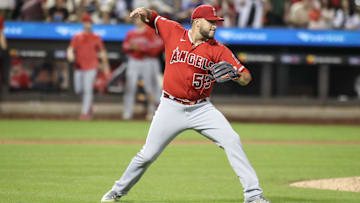 Aug 26, 2023; New York City, New York, USA;  Los Angeles Angels relief pitcher Carlos Estevez (53)