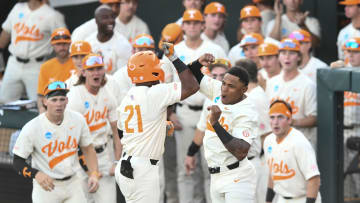 Tennessee's Christian Moore (1) and Kavares Tears (21) celebrate Tears' home run against Southern Miss in the NCAA Baseball Tournament's Knoxville Regional on Sunday, June 2, 2024 in Knoxville, Tenn.