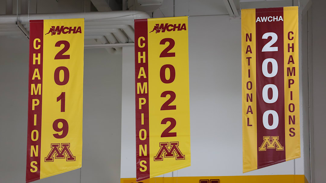 The Gophers women's hockey team's WCHA banners hang at Ridder Arena in Minneapolis in an undated courtesy photo from the 2022-23 season.