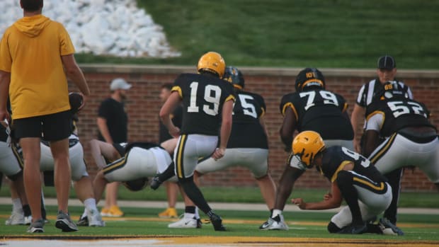 Missouri Tigers kicker Blake Craig (19) lines up for a kick at the team's annual fan night practice at Faurot Field on Aug. 1