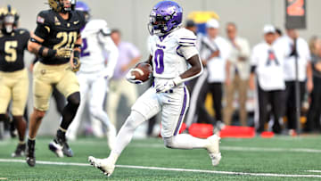 Aug 29, 2025; West Point, New York, USA; Tarleton State Texans running back Tre Page III (0) runs for a touchdown against the Army Black Knights during the first half at Michie Stadium. Mandatory Credit: Danny Wild-Imagn Images