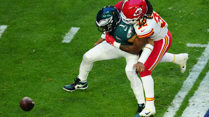 Bolton's forced fumble against Hurts and subsequent return for a touchdown in Super Bowl LVII kept the Chiefs within reach of the Eagles before halftime.