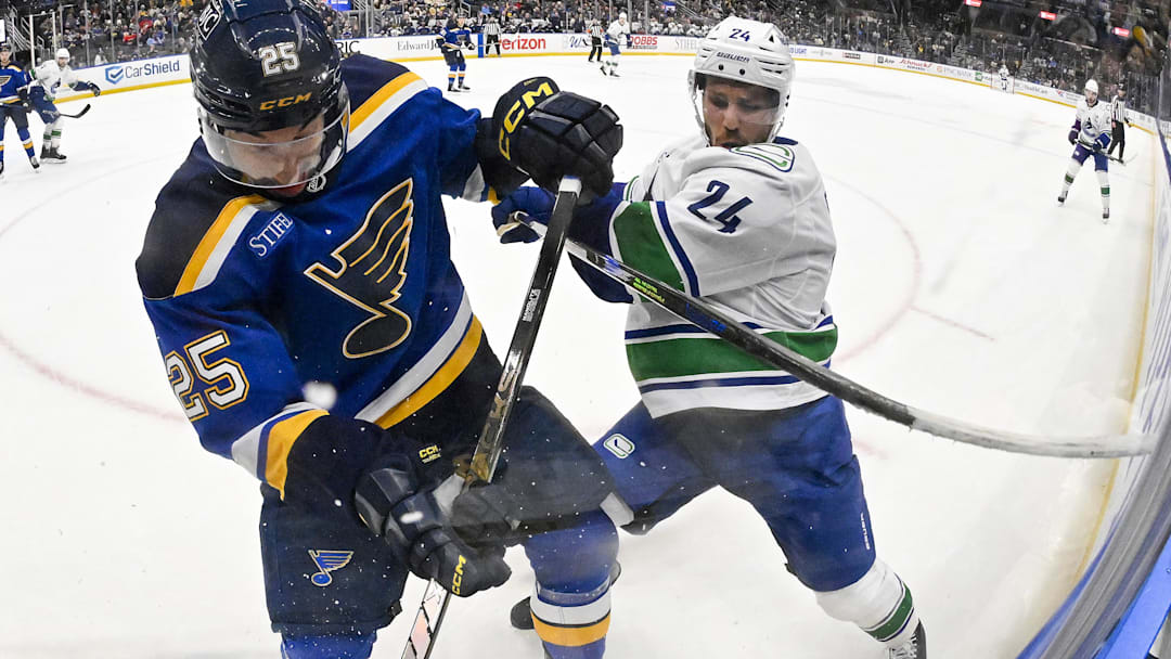 Jan 27, 2025; St. Louis, Missouri, USA;  St. Louis Blues center Jordan Kyrou (25) and Vancouver Canucks center Pius Suter (24) battle for the puck during the first period at Enterprise Center. Mandatory Credit: Jeff Curry-Imagn Images
