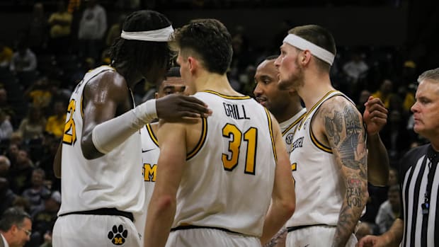 Missouri Tigers guard Caleb Grill (31) huddles with the rest of the team during a game against Eastern Washington.