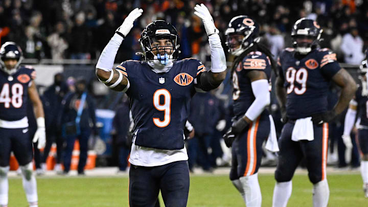 Chicago Bears safety Jaquan Brisker (9) reacts after a flag against the Green Bay Packers during an NFC Wild Card Round game at Soldier Field.