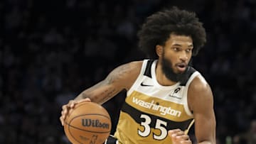 Nov 19, 2025; Minneapolis, Minnesota, USA; Washington Wizards forward Marvin Bagley III (35) dribbles the ball against the Minnesota Timberwolves in the second half at Target Center. Mandatory Credit: Jesse Johnson-Imagn Images