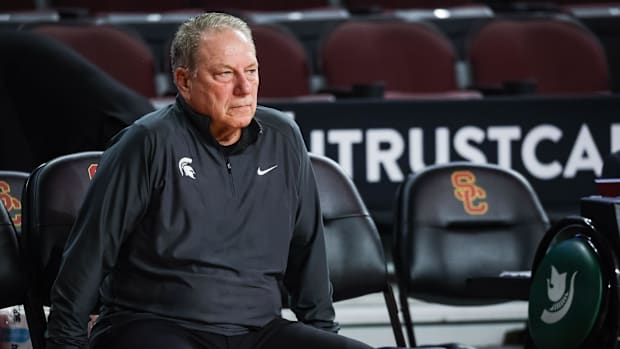 Michigan State head coach Tom Izzo sits during warmups before a game against the USC Trojans at Galen Center