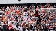 Oregon State's Exodus Ayers, left, and Taz Reddicks jump for the tipped ball during the Oregon State Spring Game at Reser Stadium on Saturday, April 19, 2025, in Corvallis, Ore.