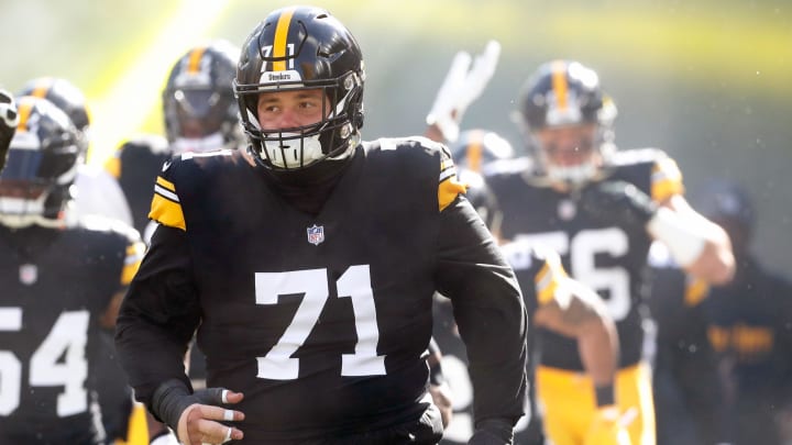 Nov 12, 2023; Pittsburgh, Pennsylvania, USA;  Pittsburgh Steelers guard Nate Herbig (71) takes the field against the Green Bay Packers at Acrisure Stadium. Mandatory Credit: Charles LeClaire-USA TODAY Sports