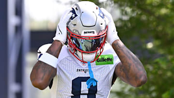 Jul 28, 2025; Foxborough, MA, USA; New England Patriots wide receiver Stefon Diggs (8) heads to the practice fields for training camp at Gillette Stadium. Mandatory Credit: Eric Canha-Imagn Images