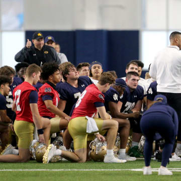 Notre Dame Head Coach Marcus Freeman talks to the team at Notre Dame spring football practice Thursday, March 7, 2024, at the Irish Athletics Center in South Bend.