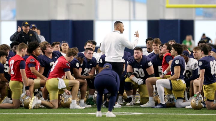 Notre Dame Head Coach Marcus Freeman talks to the team at Notre Dame spring football practice Thursday, March 7, 2024, at the Irish Athletics Center in South Bend.