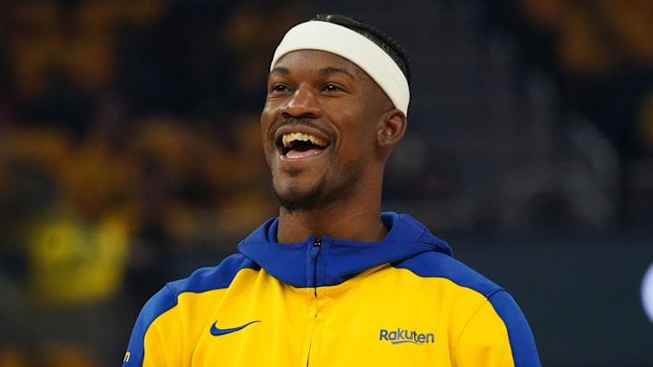 Golden State Warriors forward Jimmy Butler III warms up before a playoff game. Golden State Warriors forward Jimmy Butler III warms up before a playoff game.