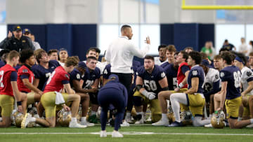 Notre Dame football Head Coach Marcus Freeman talks to the team.