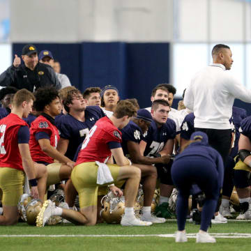 Notre Dame Head Coach Marcus Freeman talks to the team at Notre Dame spring football practice Thursday, March 7, 2024, at the Irish Athletics Center in South Bend.