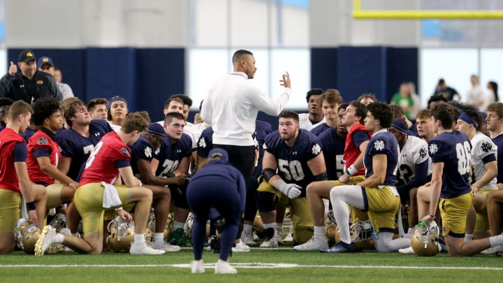 Notre Dame Head Coach Marcus Freeman talks to the team at Notre Dame spring football practice Thursday, March 7, 2024, at the Irish Athletics Center in South Bend.