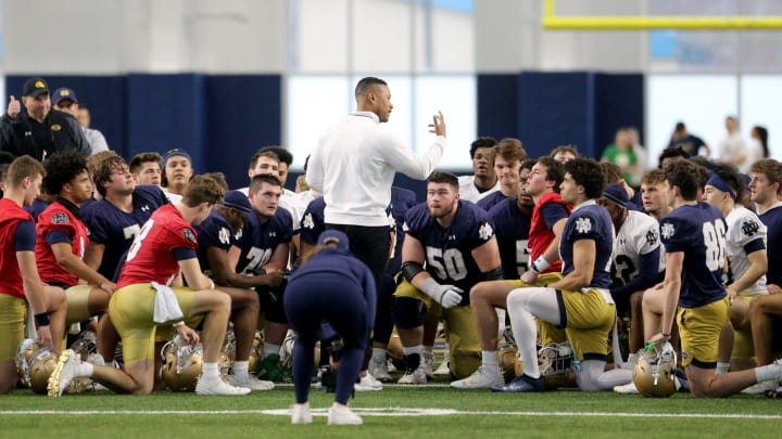 Notre Dame Head Coach Marcus Freeman talks to the team at Notre Dame spring football practice Thursday, March 7, 2024, at the Irish Athletics Center in South Bend.