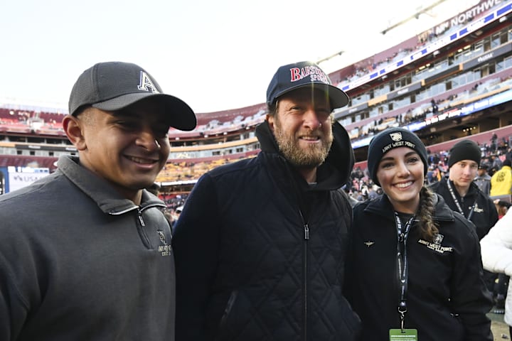 Dave Portnoy poses with soldiers before the game between the Army Black Knights and the Navy Midshipmen. 
