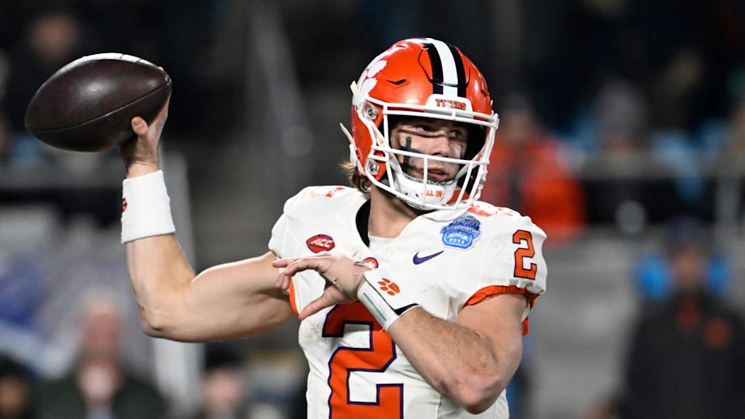 Dec 7, 2024; Charlotte, NC, USA; Clemson Tigers quarterback Cade Klubnik (2) throws during the third quarter against the Southern Methodist Mustangs in the 2024 ACC Championship game at Bank of America Stadium. Mandatory Credit: Bob Donnan-Imagn Images