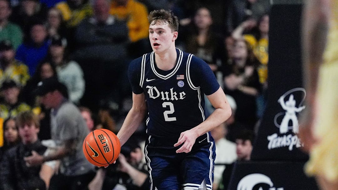 Jan 25, 2025; Winston-Salem, North Carolina, USA; Duke Blue Devils guard Cooper Flagg (2) brings the ball up court against the Wake Forest Demon Deacons during the second half at Lawrence Joel Veterans Memorial Coliseum. Mandatory Credit: Jim Dedmon-Imagn Images