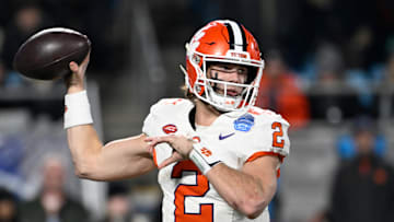 Dec 7, 2024; Charlotte, NC, USA; Clemson Tigers quarterback Cade Klubnik (2) throws during the third quarter against the Southern Methodist Mustangs in the 2024 ACC Championship game at Bank of America Stadium. Mandatory Credit: Bob Donnan-Imagn Images