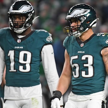 Philadelphia Eagles linebacker Josh Sweat (19) and  linebacker Zack Baun (53) against the Pittsburgh Steelers at Lincoln Financial Field. 