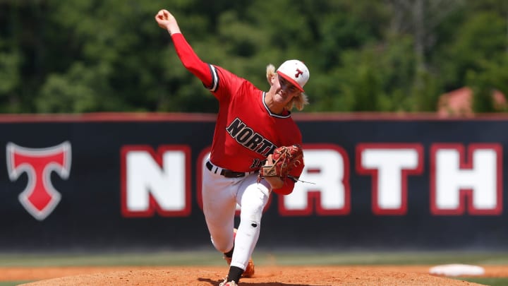 North Oconee  s Bubba Chandler (16) throws a pitch during game one of a GHSA AAAA semifinal between Benedictine and North Oconee in Bogart, Ga., on Saturday, May 15, 2021. Benedictine defeated North Oconee twice in a doubleheader and advances to the state championship game.

News Joshua L Jones