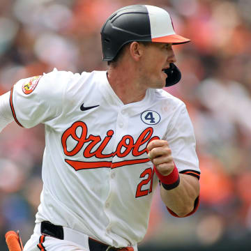 Jun 2, 2024; Baltimore, Maryland, USA; Baltimore Orioles outfielder Austin Hays (21) runs towards first base during the fifth inning against the Tampa Bay Rays at Oriole Park at Camden Yards.