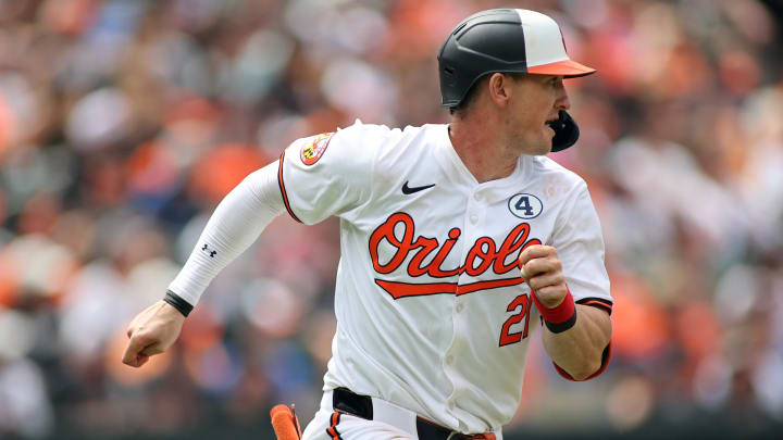 Jun 2, 2024; Baltimore, Maryland, USA; Baltimore Orioles outfielder Austin Hays (21) runs towards first base during the fifth inning against the Tampa Bay Rays at Oriole Park at Camden Yards.