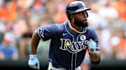 Jun 2, 2024; Baltimore, Maryland, USA; Tampa Bay Rays outfielder Randy Arozarena (56) runs towards first base after hitting a single during the seventh inning against the Baltimore Orioles at Oriole Park at Camden Yards