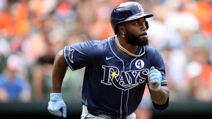 Jun 2, 2024; Baltimore, Maryland, USA; Tampa Bay Rays outfielder Randy Arozarena (56) runs towards first base after hitting a single during the seventh inning against the Baltimore Orioles at Oriole Park at Camden Yards