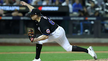 New York Mets relief pitcher Trevor May (65) throws a pitch against the San Diego Padres in the sixth inning during game one of the Wild Card series for the 2022 MLB Playoffs at Citi Field on Oct. 7, 2022.