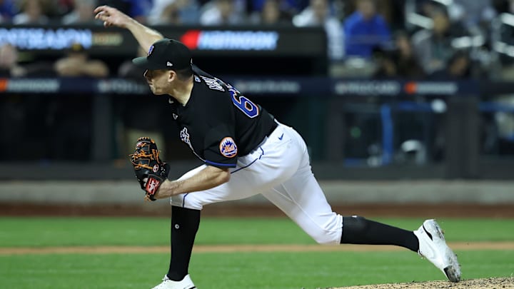 New York Mets relief pitcher Trevor May (65) throws a pitch against the San Diego Padres in the sixth inning during game one of the Wild Card series for the 2022 MLB Playoffs at Citi Field on Oct. 7, 2022. New York Mets relief pitcher Trevor May (65) throws a pitch against the San Diego Padres in the sixth inning during game one of the Wild Card series for the 2022 MLB Playoffs at Citi Field on Oct. 7, 2022.